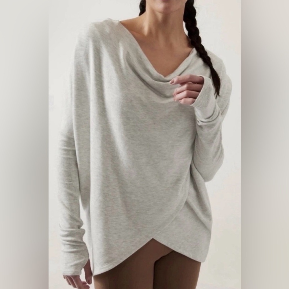 ATHLETA Sweatshirt Sweater Purana Wrap Hoodie Draped Pullover Light Gray small